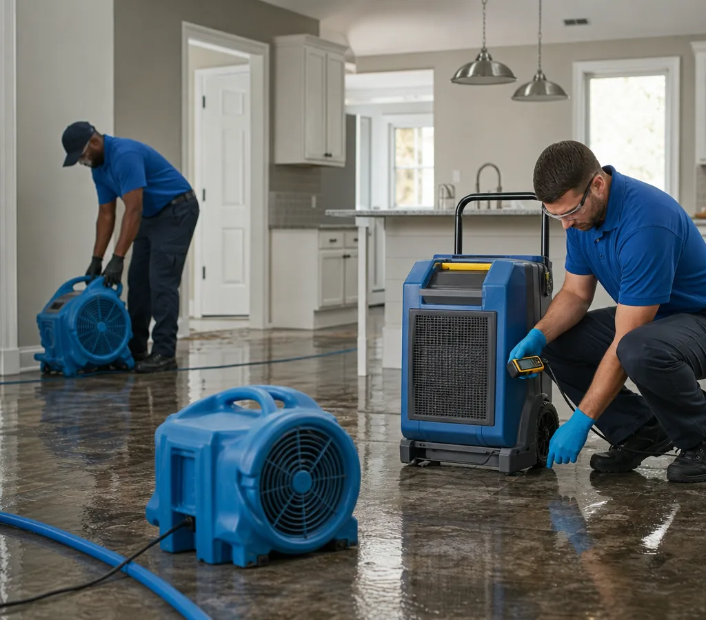 Technicians setting up air movers and a dehumidifier while measuring moisture in a Jacksonville home