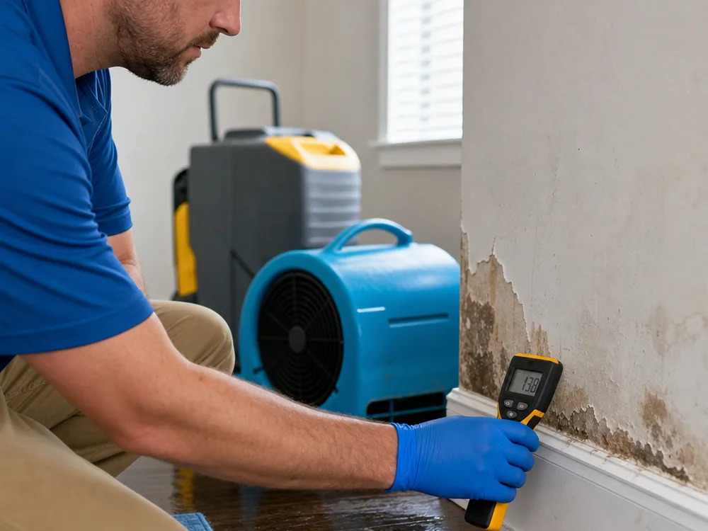 Moisture meter reading on water-affected baseboard and drywall with drying equipment nearby