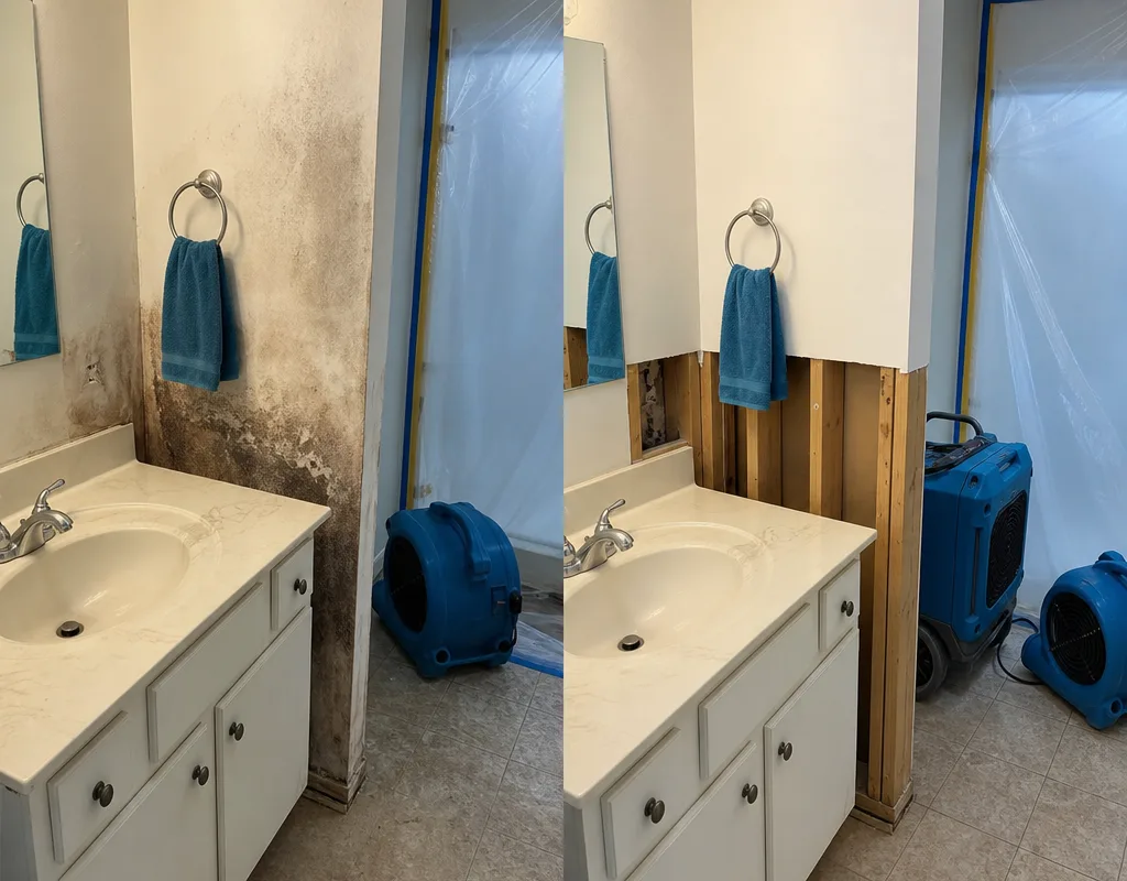 Before and after view of a bathroom vanity wall with stained drywall removed and framing cleaned
