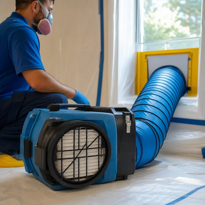 HEPA air scrubber operating inside a sealed work zone with negative-air ducting