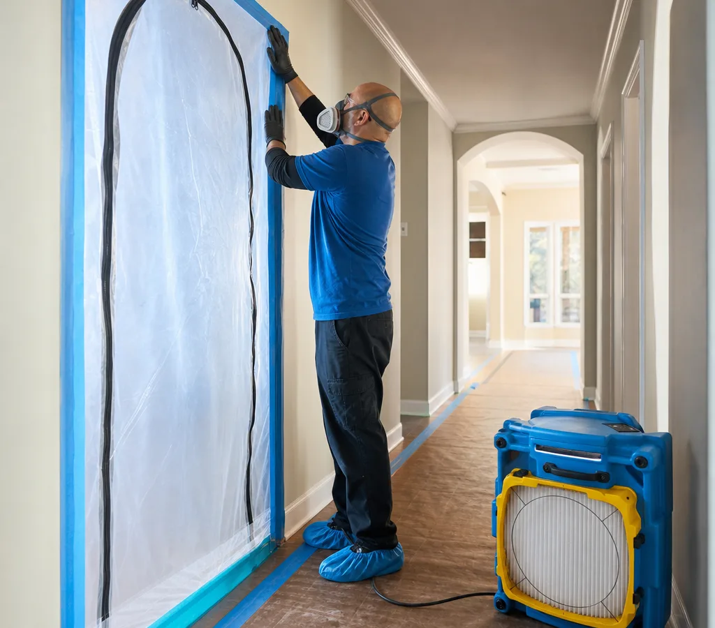 Technician setting up containment and a HEPA air scrubber in a Jacksonville home hallway