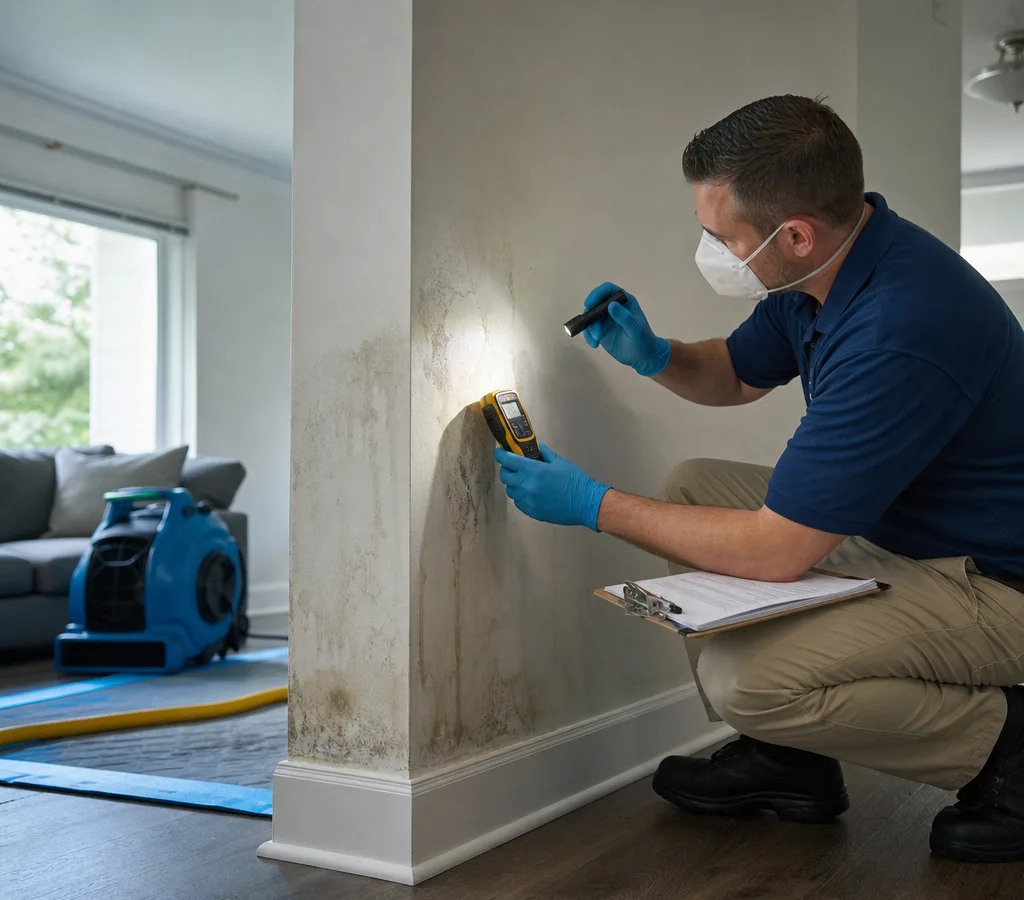 Inspector in protective equipment using a moisture meter and flashlight at a Jacksonville home interior wall while documenting findings