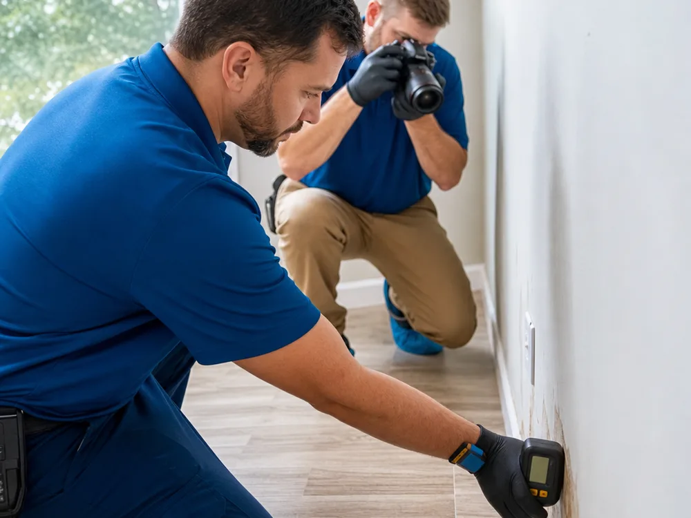 Technician taking a moisture meter reading near a baseboard while another technician photographs the area for an inspection report