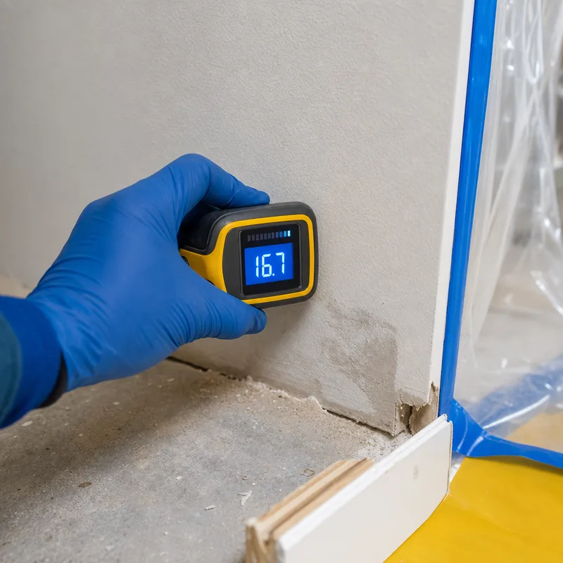 Moisture meter reading on drywall beside removed baseboard inside a contained mold remediation work area