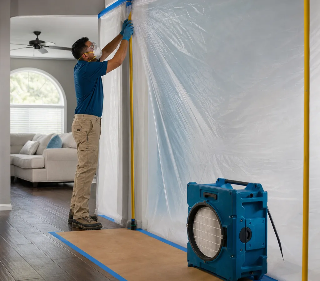 Technician in PPE setting up plastic containment and a HEPA air scrubber in a Jacksonville home before mold remediation