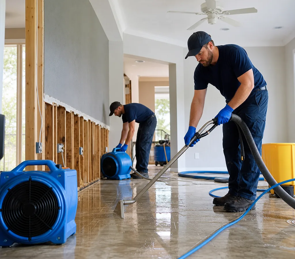 Restoration technicians extracting water and setting air movers inside a Jacksonville home with wet flooring
