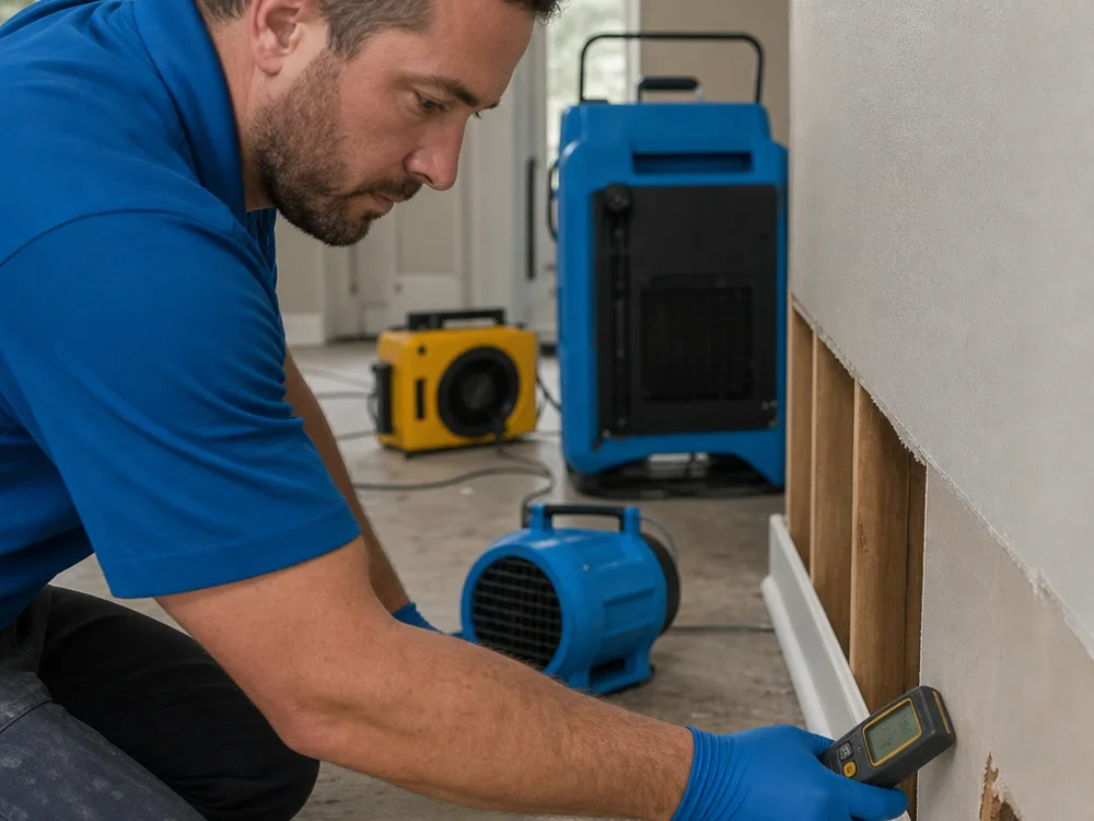 Technician taking moisture readings on drywall and baseboards while drying equipment runs nearby