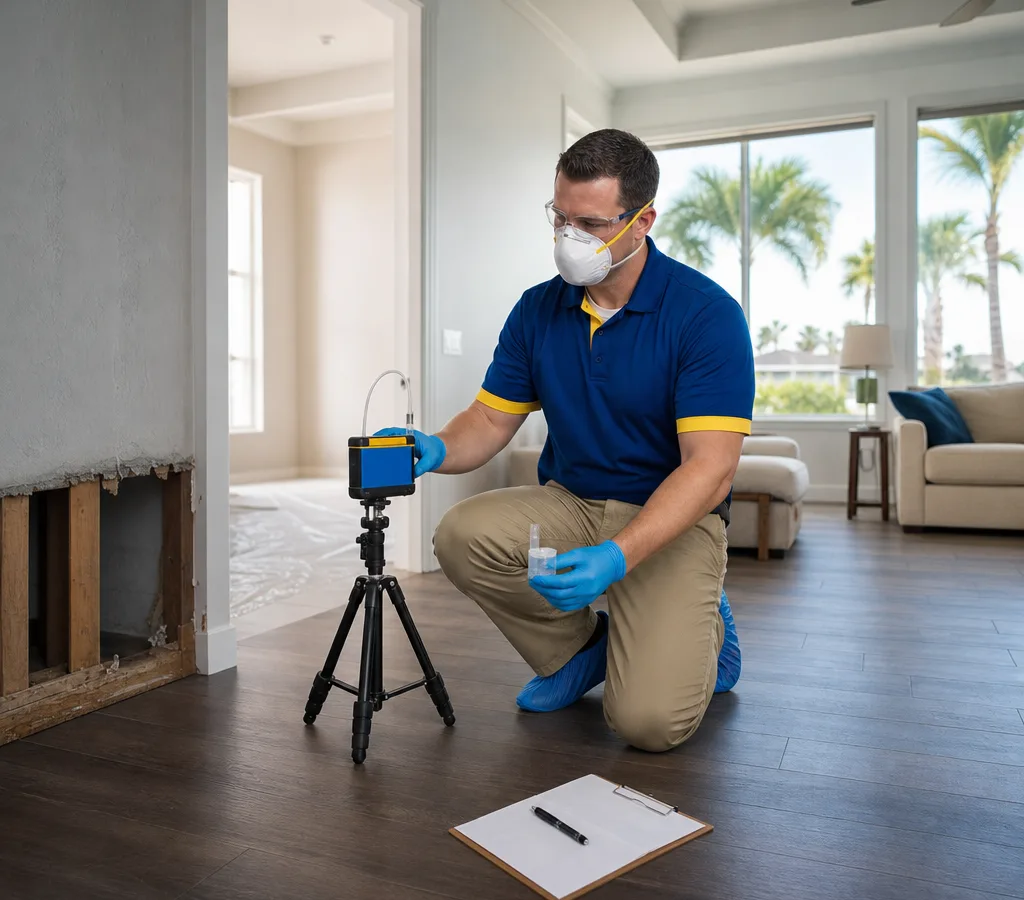Inspector in PPE collecting an air sample in a Jacksonville home with a calibrated pump and sample cassette