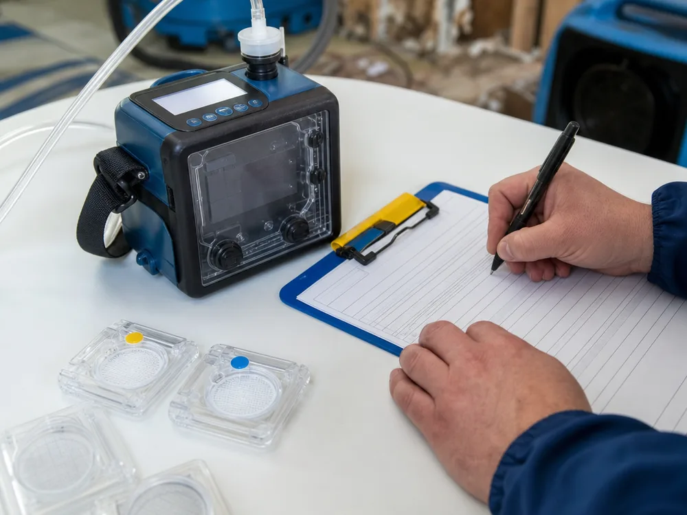 Mold air sampling pump with labeled cassettes and a chain-of-custody form