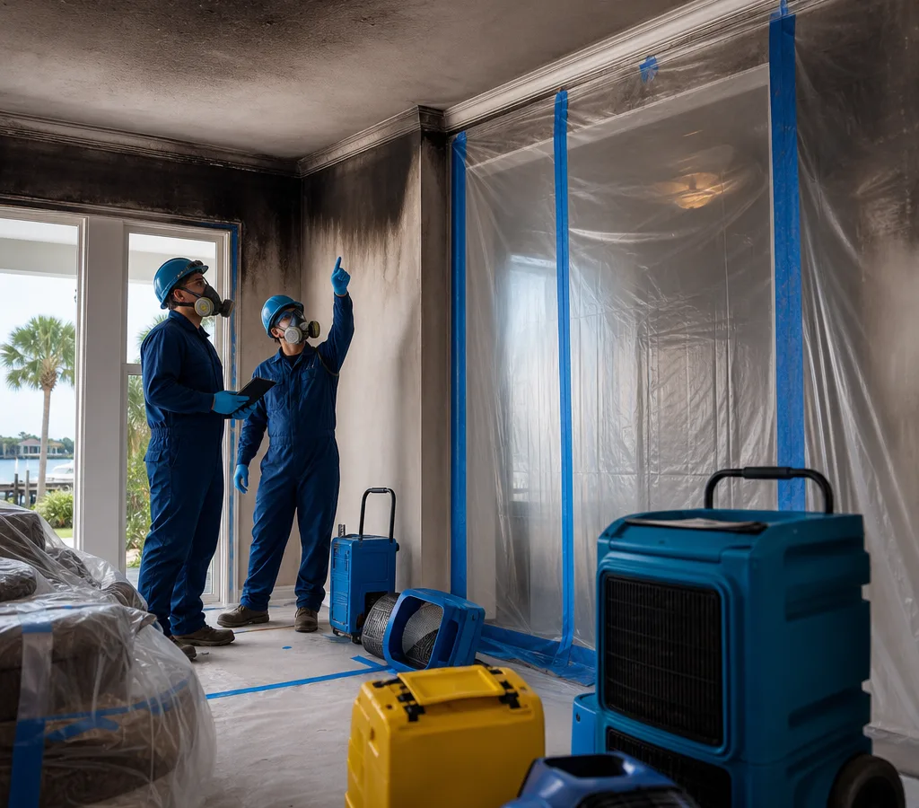 Technicians in protective gear assessing soot damage and contained work areas in a Jacksonville home