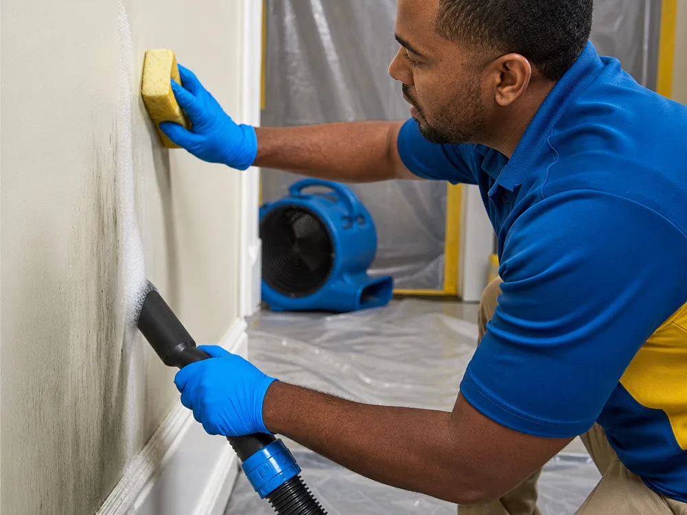 Technician removing soot from a painted wall with a HEPA vacuum and dry cleaning sponge inside containment